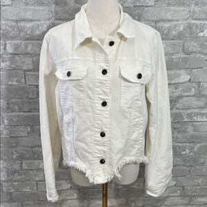Elan Ivory Denim Jacket with Frayed Hem
